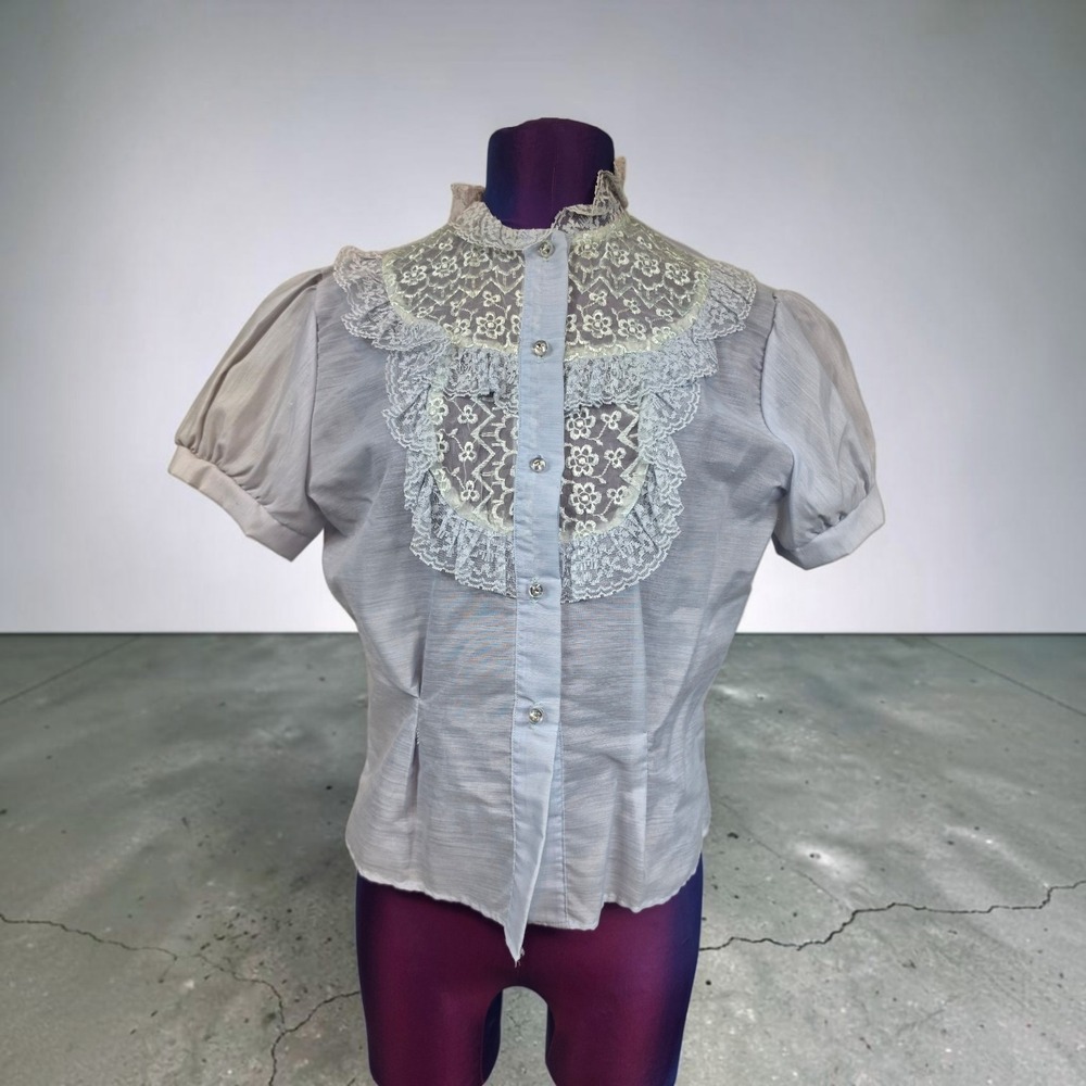 Light Blue Lace Bib Blouse Short Sleeve Ruffle High Neck Button Down Top Vintage